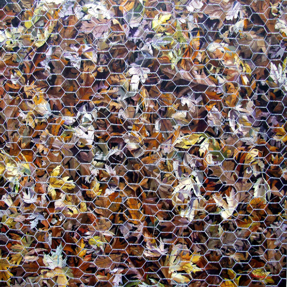 Chris Whittaker Mulching Leaves oil on canvas 100 x 100cm unframed copy