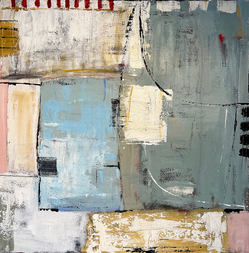 Gohar Goddard 'Pale Blue Abstract' mixed media on canvas 76cm x 76cm framed