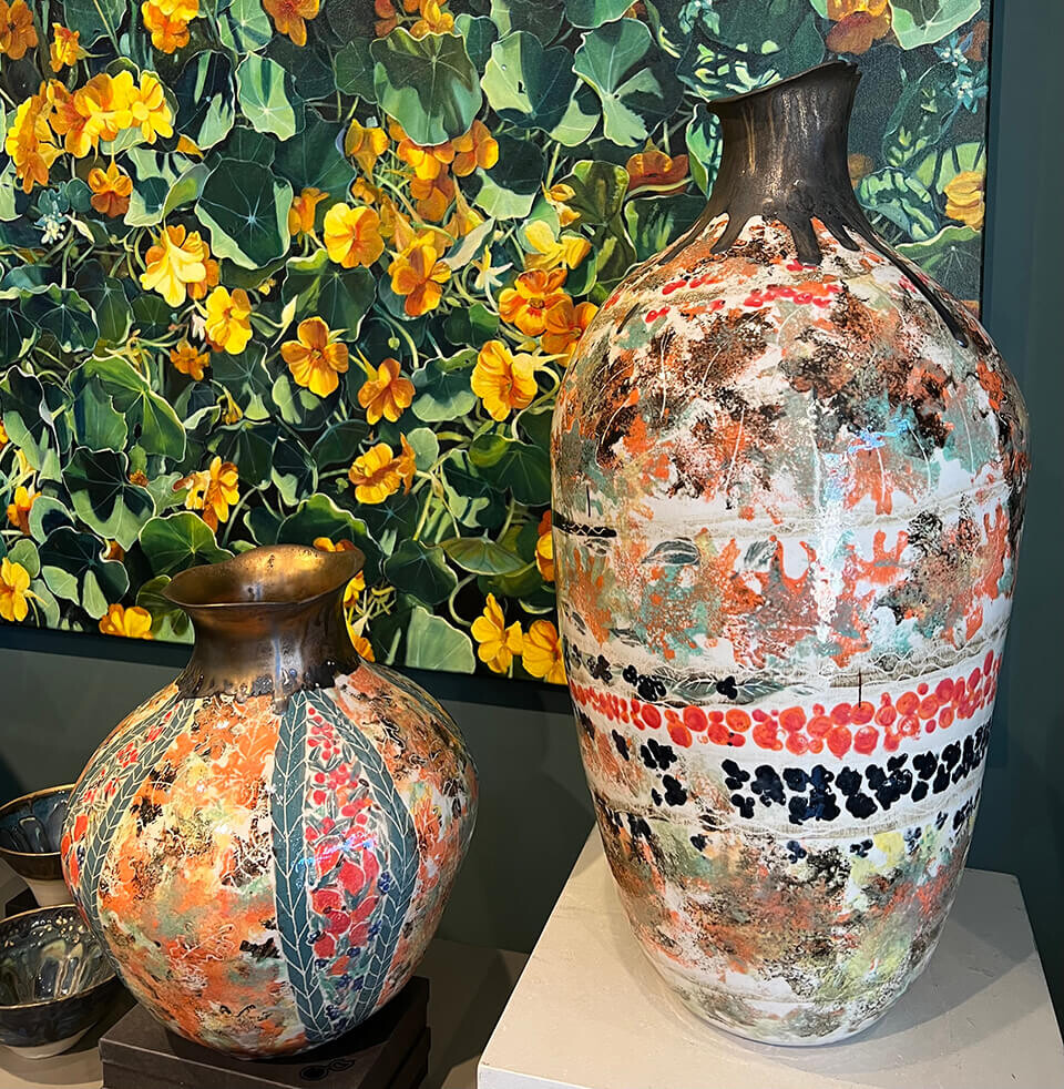 Jackie Giron 'Autumn Glory Vessels' hand decorated stoneware with glazes and oxides jpg