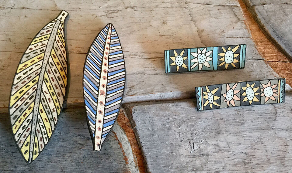 Joanna Veevers Porcelain leaf and sunflower brooches