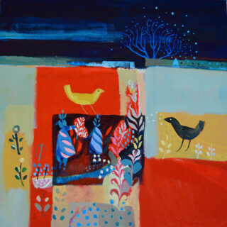Julie Collins Yellow Bird Black Bird acrylic on canvas 50 x 50cm unframed £1250