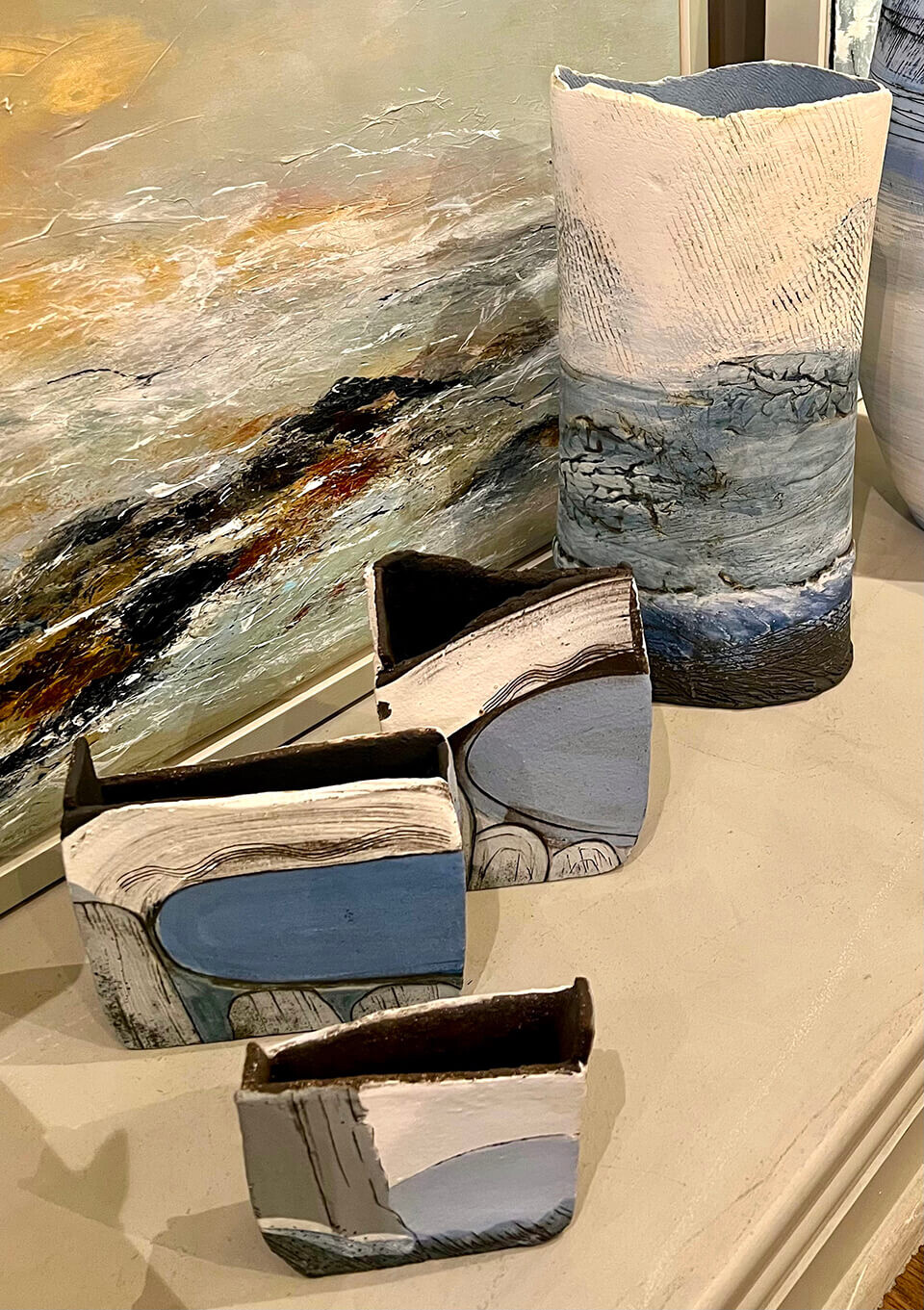 Wendy Farley 'Coastal' slab and coil pots with oxides and underglazes