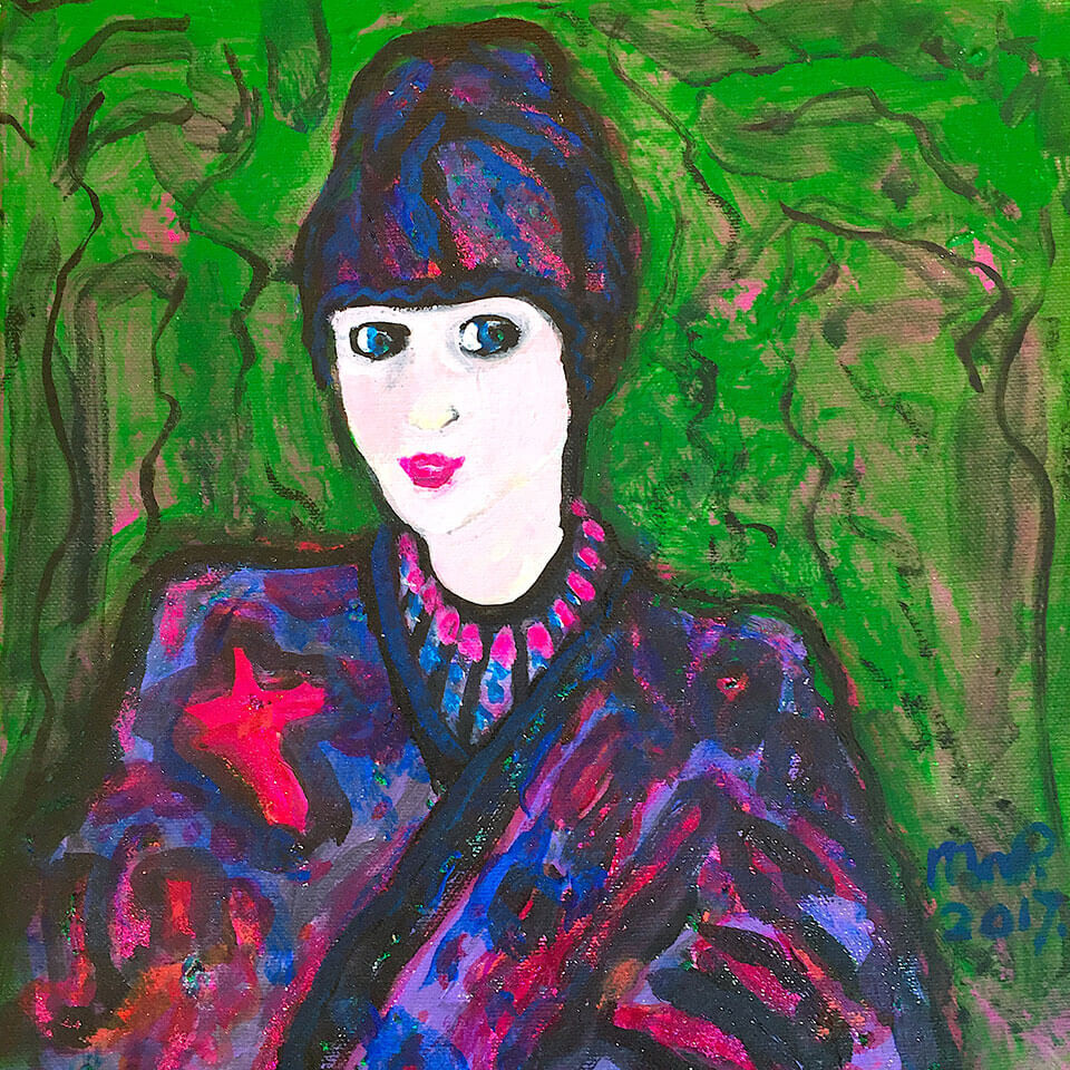 Molly Parkin TV Personality Self Portrait Series mixed media on canvas 25 x 25cm unframed