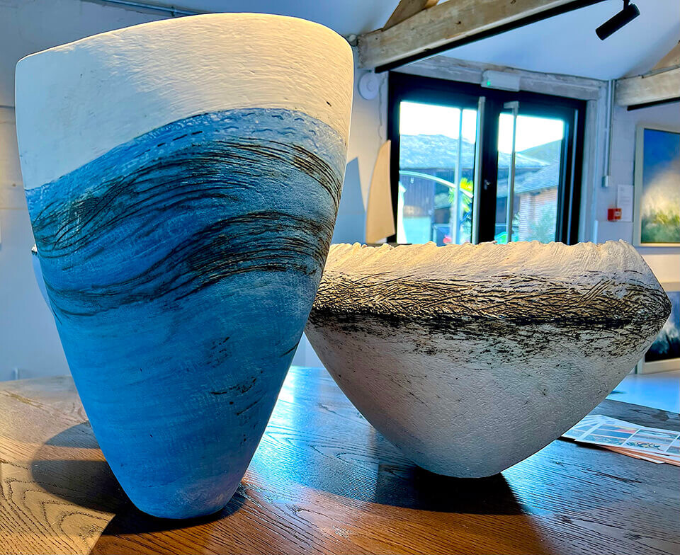Wendy Farley 'Surge' and 'Swell' coil pots with oxides and underglazes