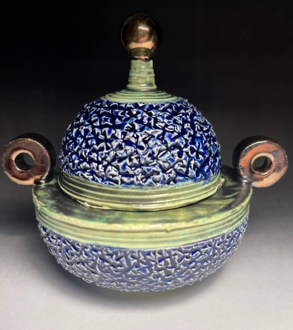 David Wright Blue and Green Lidded vessel earthenware